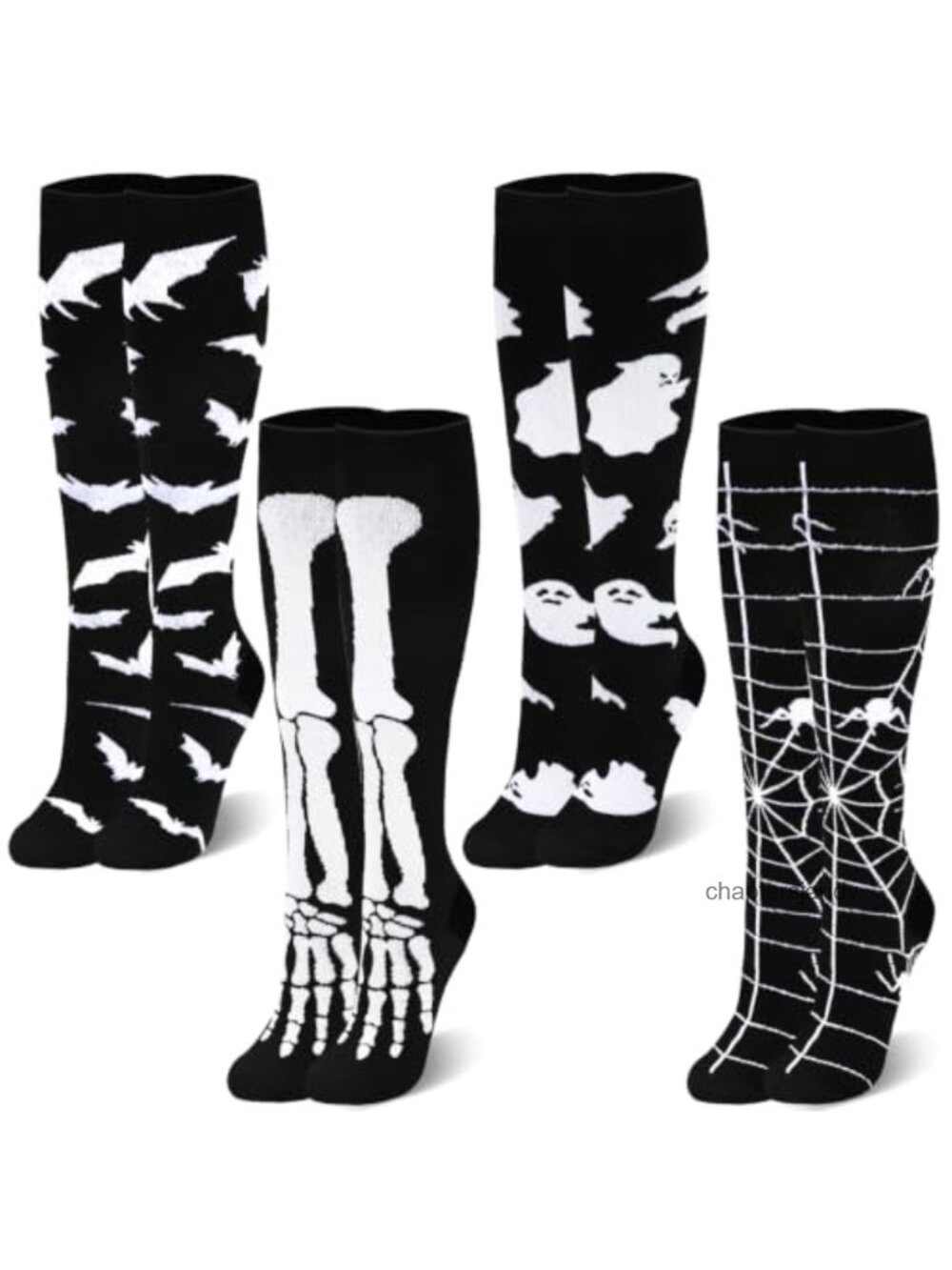 Knee High Halloween Socks 4 Pairs Skeleton Bat Ghost Spider Web Cosplay